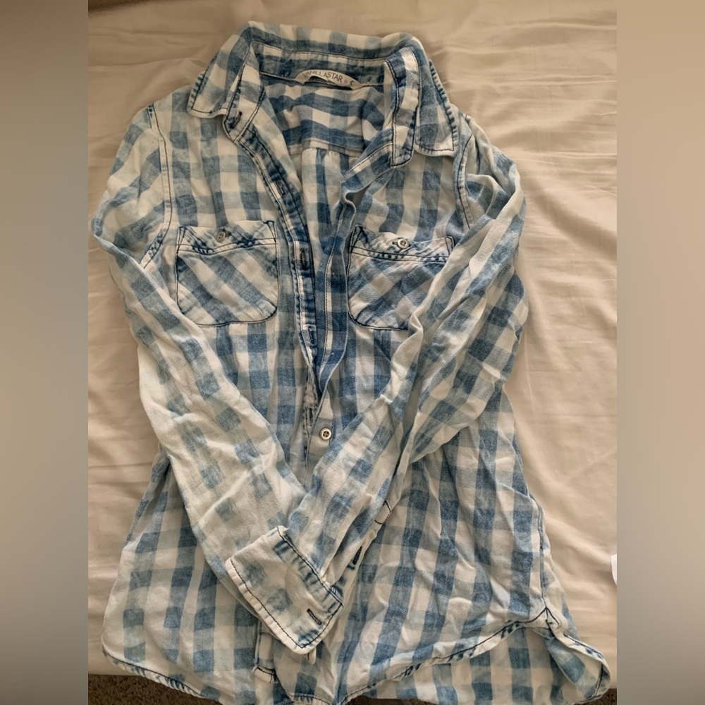 “Denim” washed plaid button up